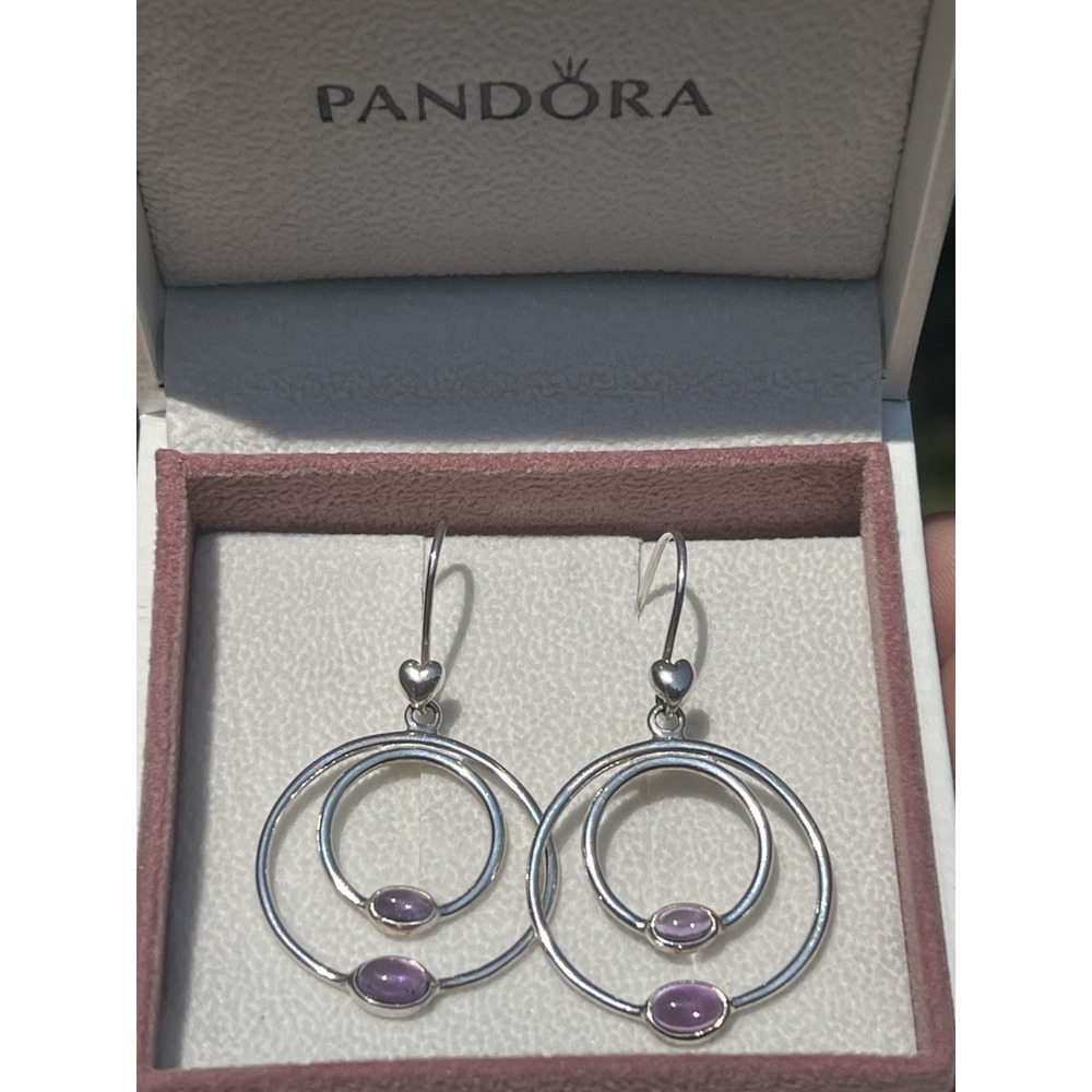 Pandora S925 ALE Sterling Silver Amethyst Interchangeable Dangle Earrings & Box